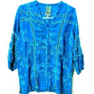 Johnny Was XL Electric Blue Embroidered Top NWOT